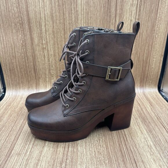 Korks Diana Faux Brown Leather Lace-up Buckle Platform Bootie Women’s 10 M - Picture 4 of 9
